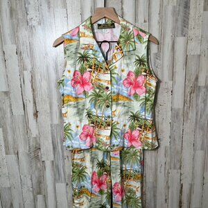 Vintage 90s Hawaiian Floral Tropical Button Vest‎ Capri Pant Set Rayon Medium